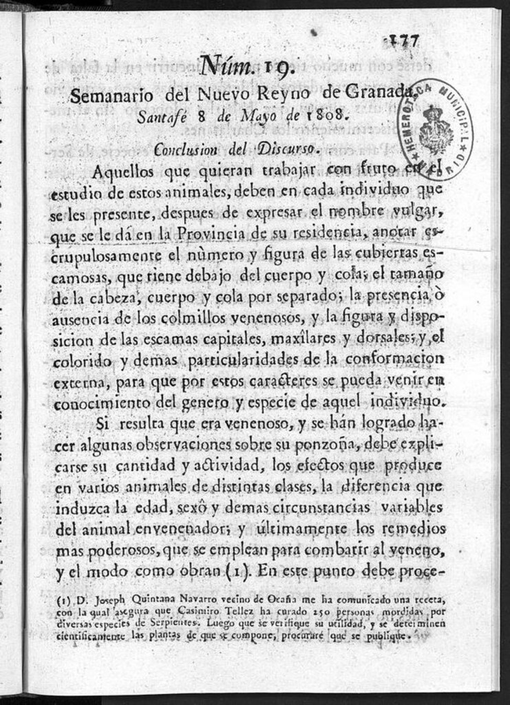 Miniatura de Semanario del Nuevo Reyno de Granada, Núm. 19.