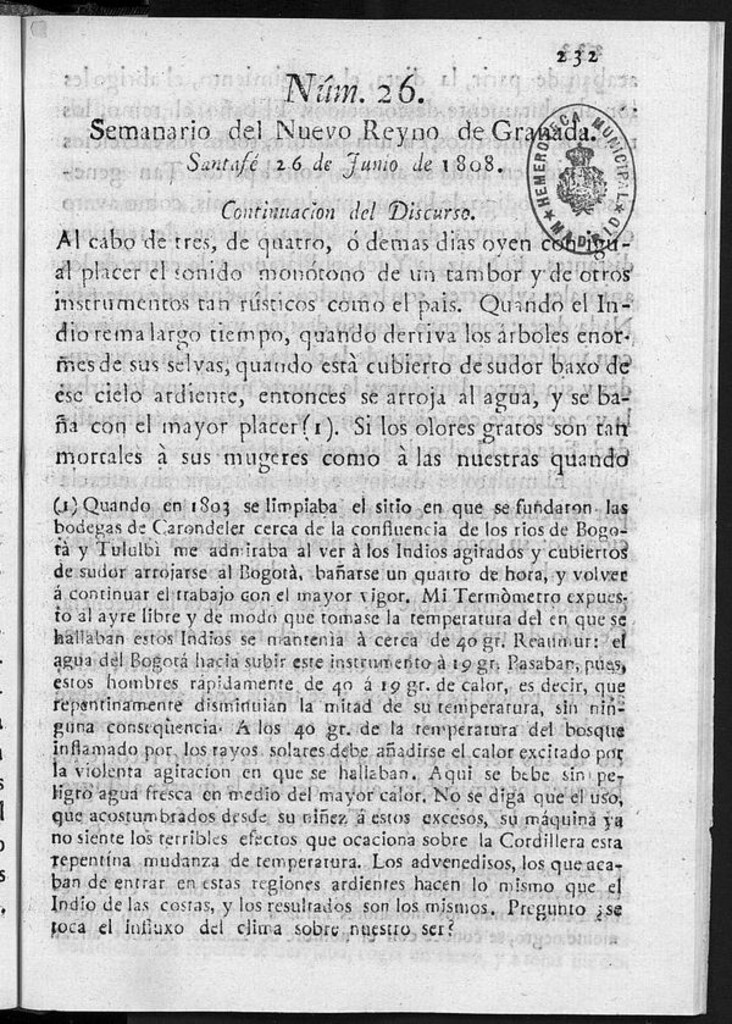 Miniatura de Semanario del Nuevo Reyno de Granada, Núm. 26.