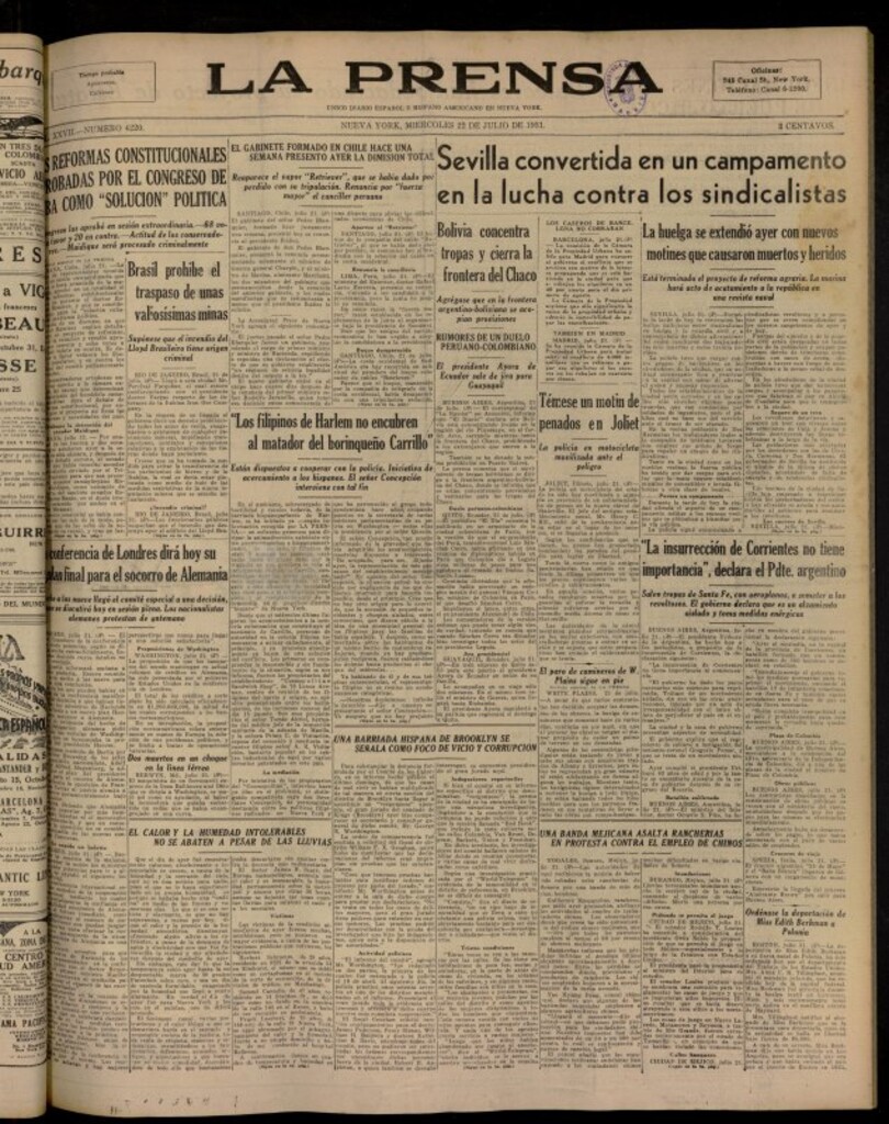 Miniatura de La Prensa: único diario español e hispano americano en Nueva Yor, de 22 de julio de 1931, nº 4220