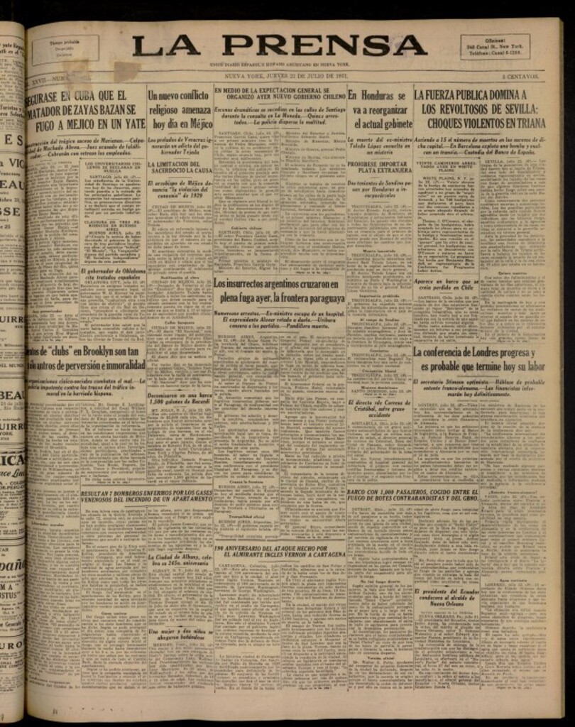 Miniatura de La Prensa: único diario español e hispano americano en Nueva York del 23 de julio de 1931, nº 4221