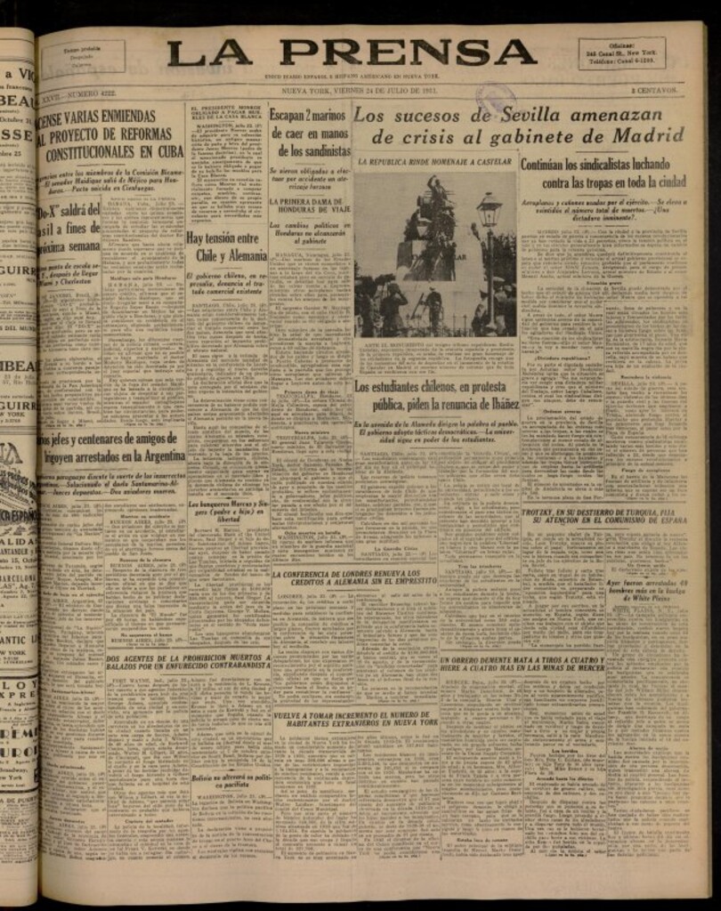 Miniatura de La Prensa: único diario español e hispano americano en Nueva York del 24 de julio de 1931, nº 4222