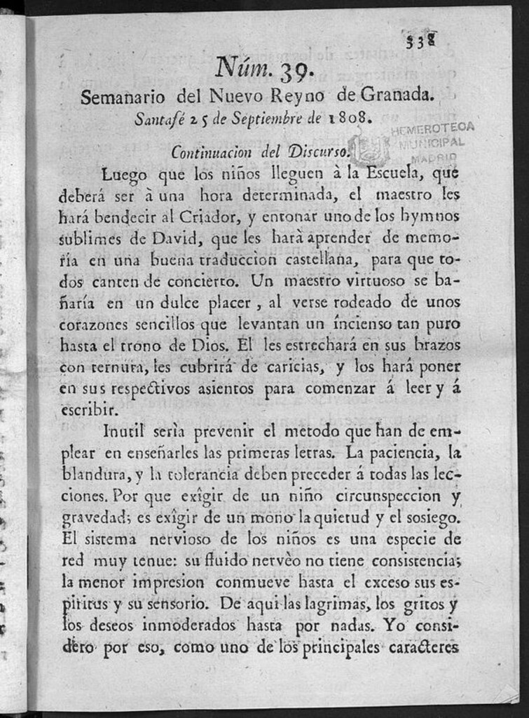 Miniatura de Semanario del Nuevo Reyno de Granada, Núm. 39.