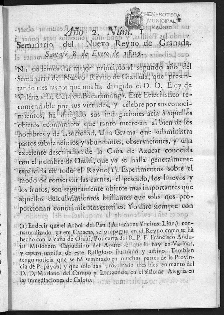 Miniatura de Semanario del Nuevo Reyno de Granada, Núm. 1.