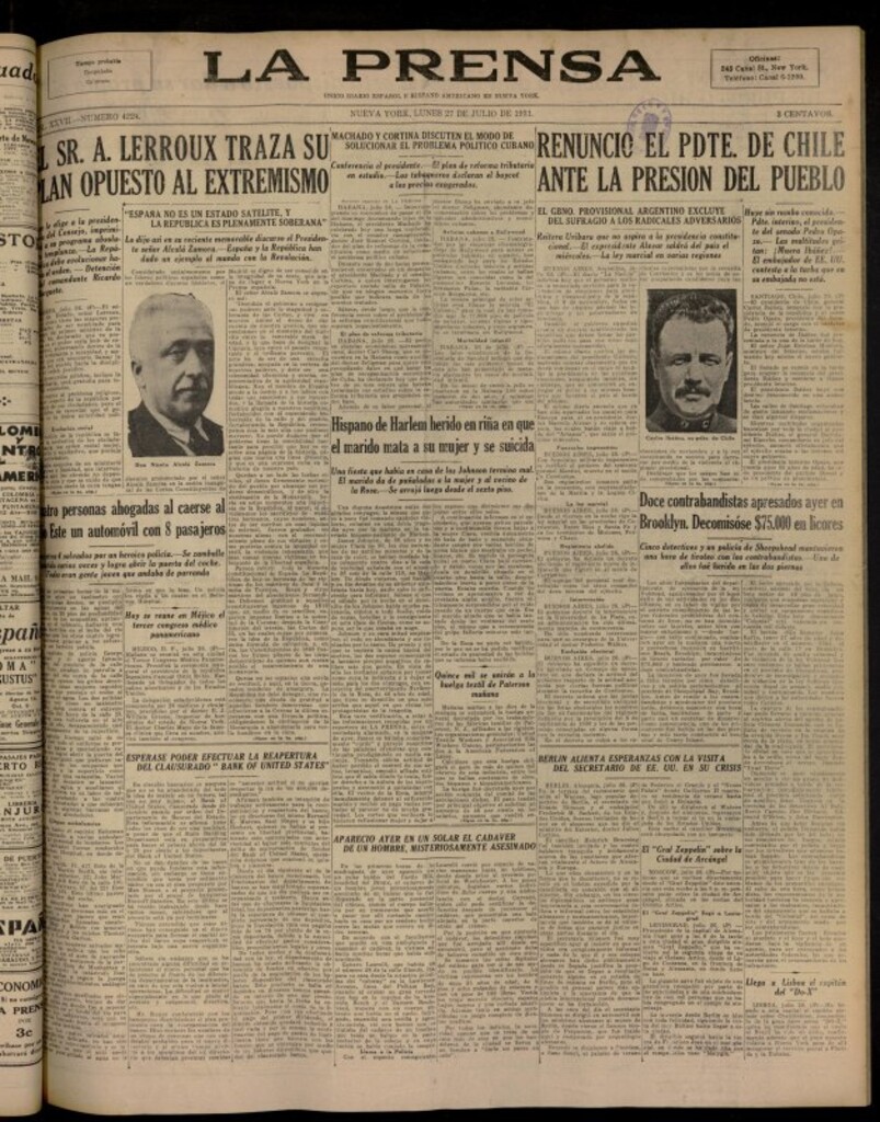 Miniatura de La Prensa: único diario español e hispano americano en Nueva York del 27 de julio de 1931, nº 4224