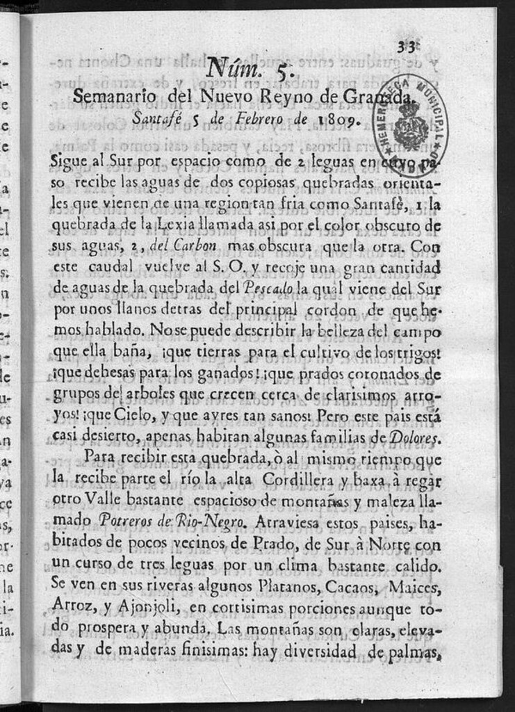 Miniatura de Semanario del Nuevo Reyno de Granada, Núm. 5.