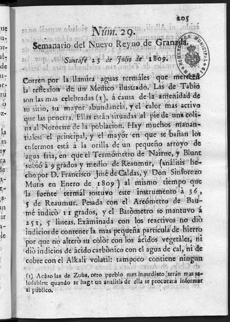 Miniatura de Semanario del Nuevo Reyno de Granada, Núm. 29.