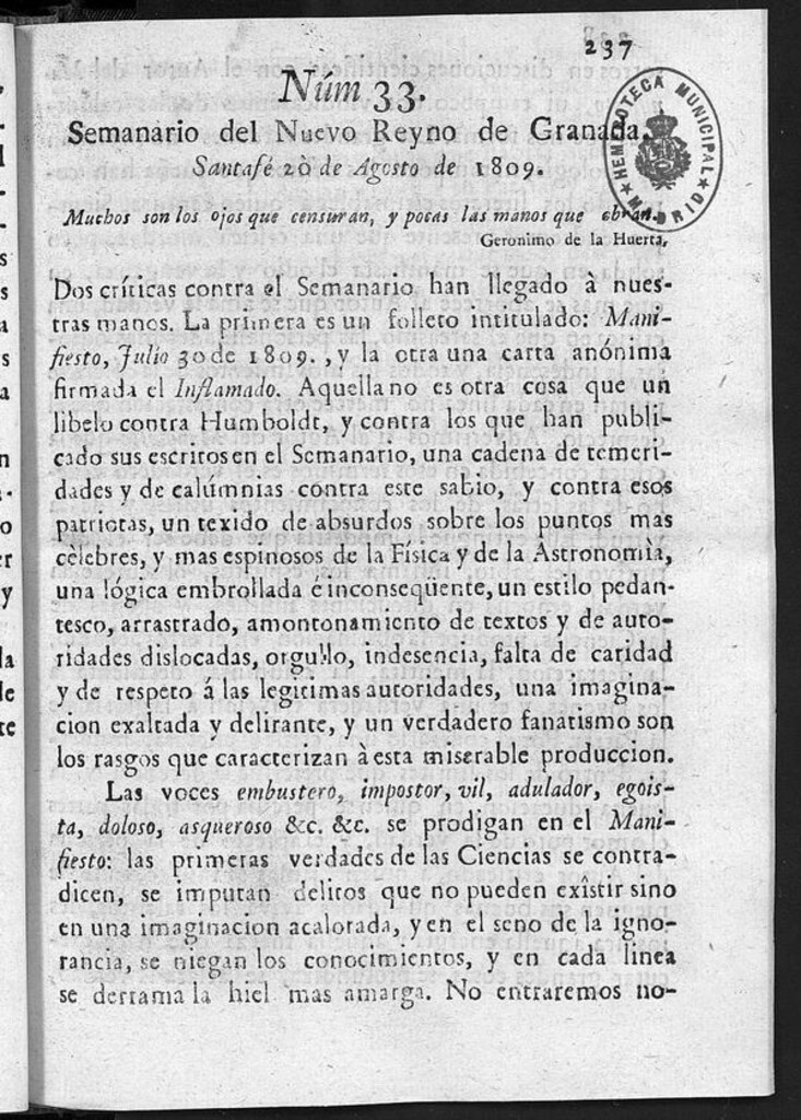 Miniatura de Semanario del Nuevo Reyno de Granada, Núm. 33.