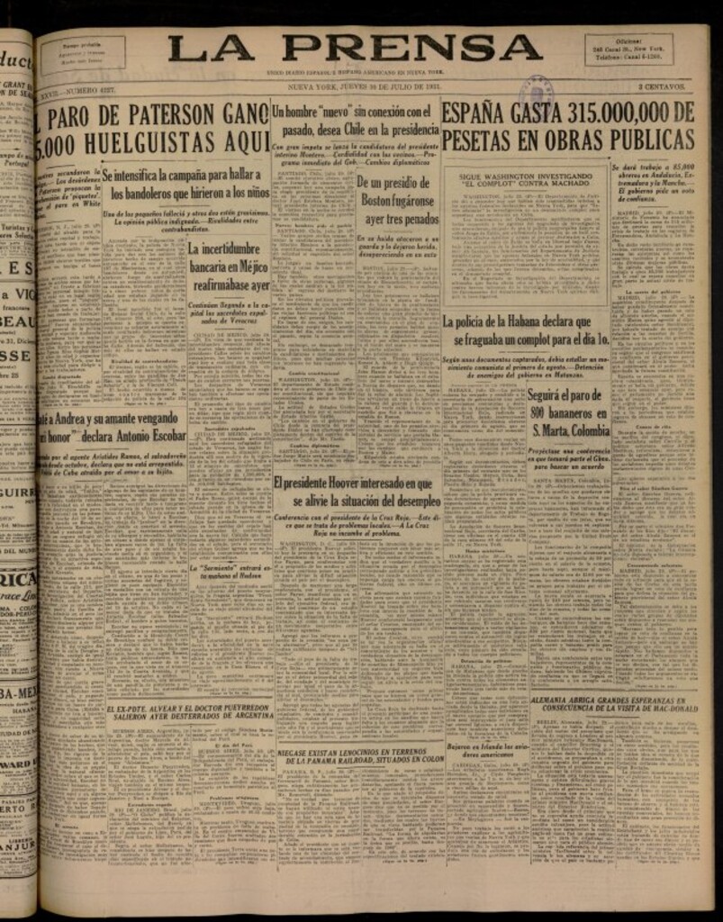 Miniatura de La Prensa: único diario español e hispano americano en Nueva York del 30 de julio de 1931, nº 4227