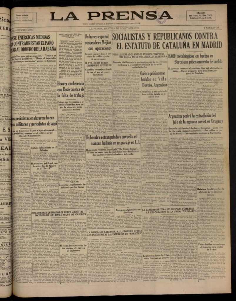 Miniatura de La Prensa: único diario español e hispano americano en Nueva York del 4 de agosto de 1931, nº 4231