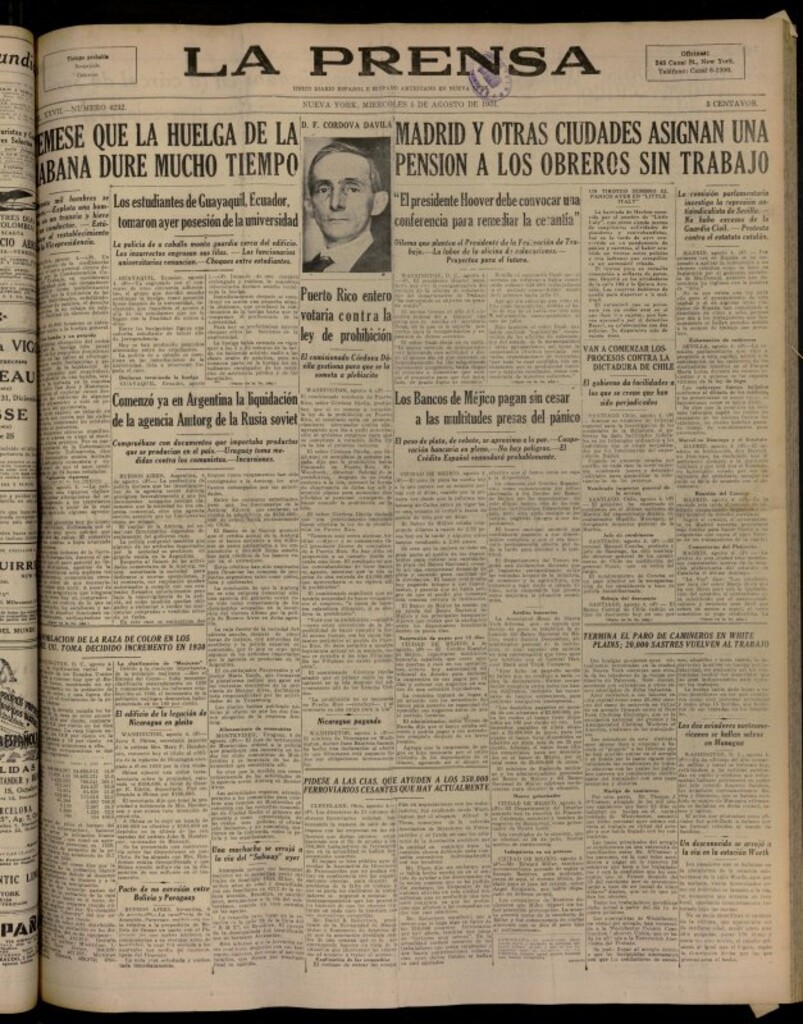 Miniatura de La Prensa: único diario español e hispano americano en Nueva York del 5 de agosto de 1931, nº 4232