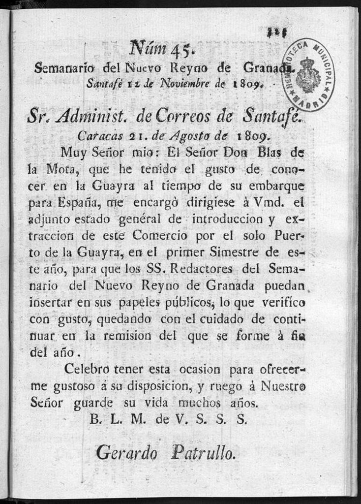 Miniatura de Semanario del Nuevo Reyno de Granada, Núm. 45.