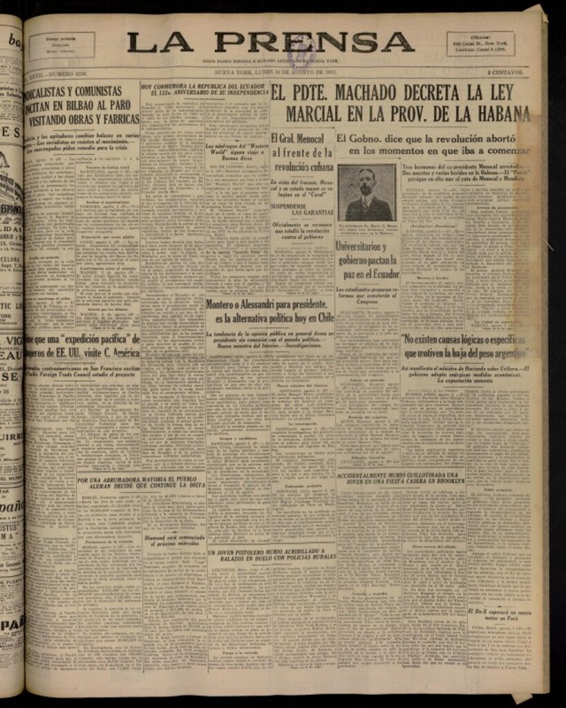 Miniatura de La Prensa: único diario español e hispano americano en Nueva York del 10 de agosto de 1931,nº 4236