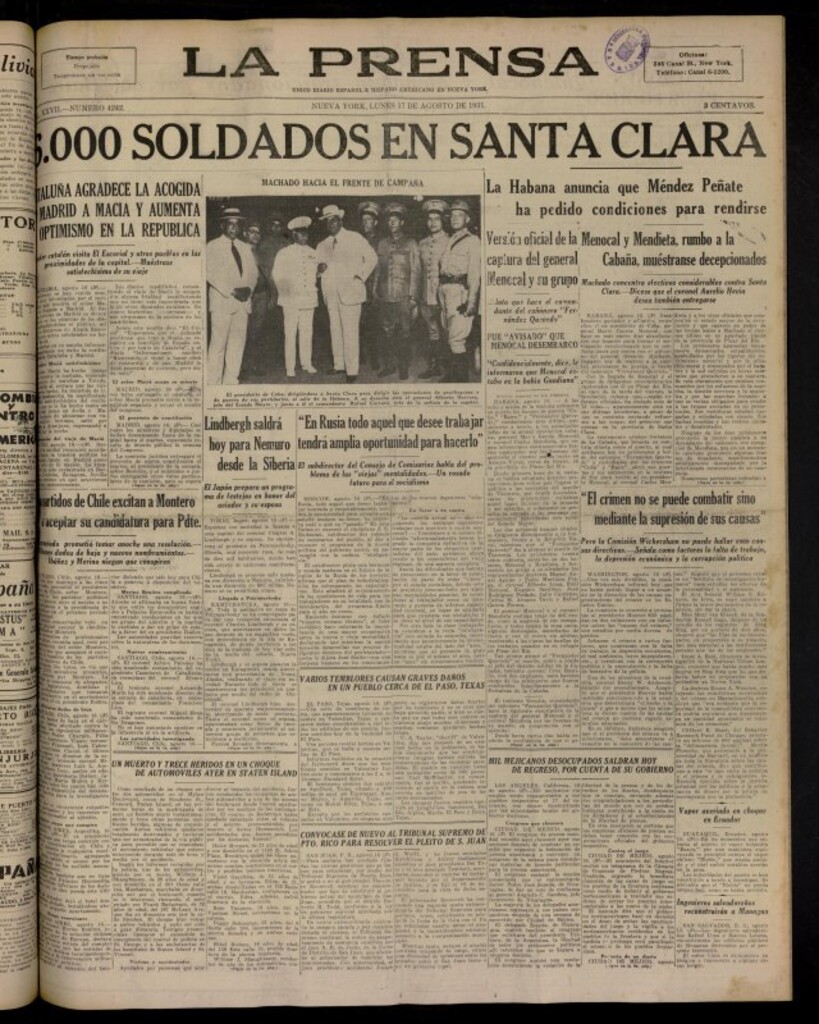 Miniatura de La Prensa: único diario español e hispano americano en Nueva York del 17 de agosto de 1931, nº 4242