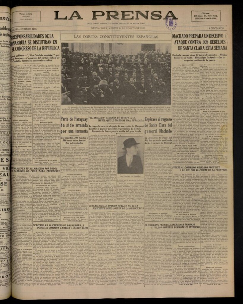 Miniatura de La Prensa: único diario español e hispano americano en Nueva York del 18 de agosto de 1931, nº 4243