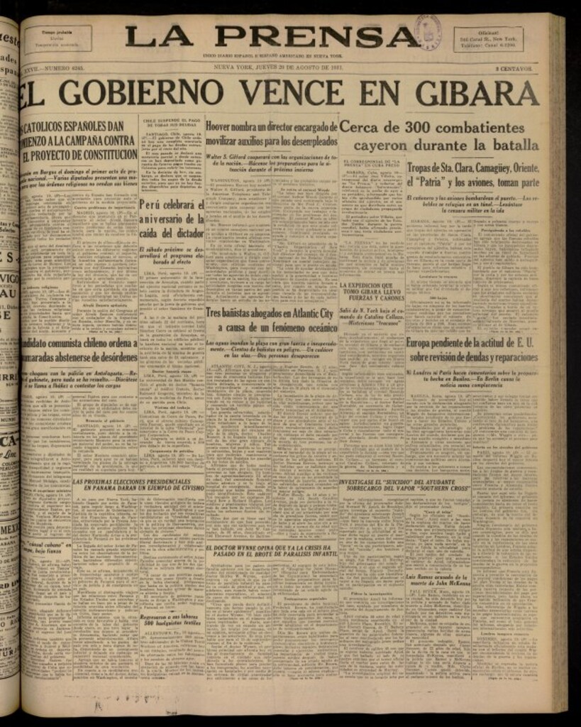 Miniatura de La Prensa: único diario español e hispano americano en Nueva York del 20 de agosto de 1931, nº 4245