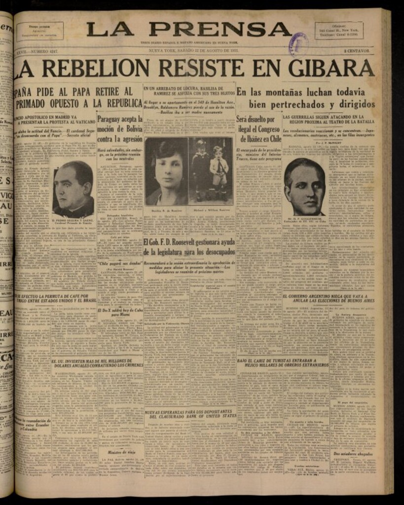 Miniatura de La Prensa: único diario español e hispano americano en Nueva York del 22 de agosto de 1931, nº 4247