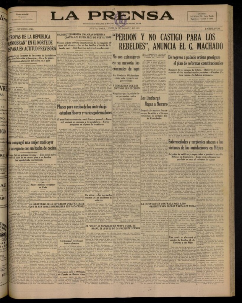 Miniatura de La Prensa: único diario español e hispano americano en Nueva York del 24 de agosto de 1931, nº 4248
