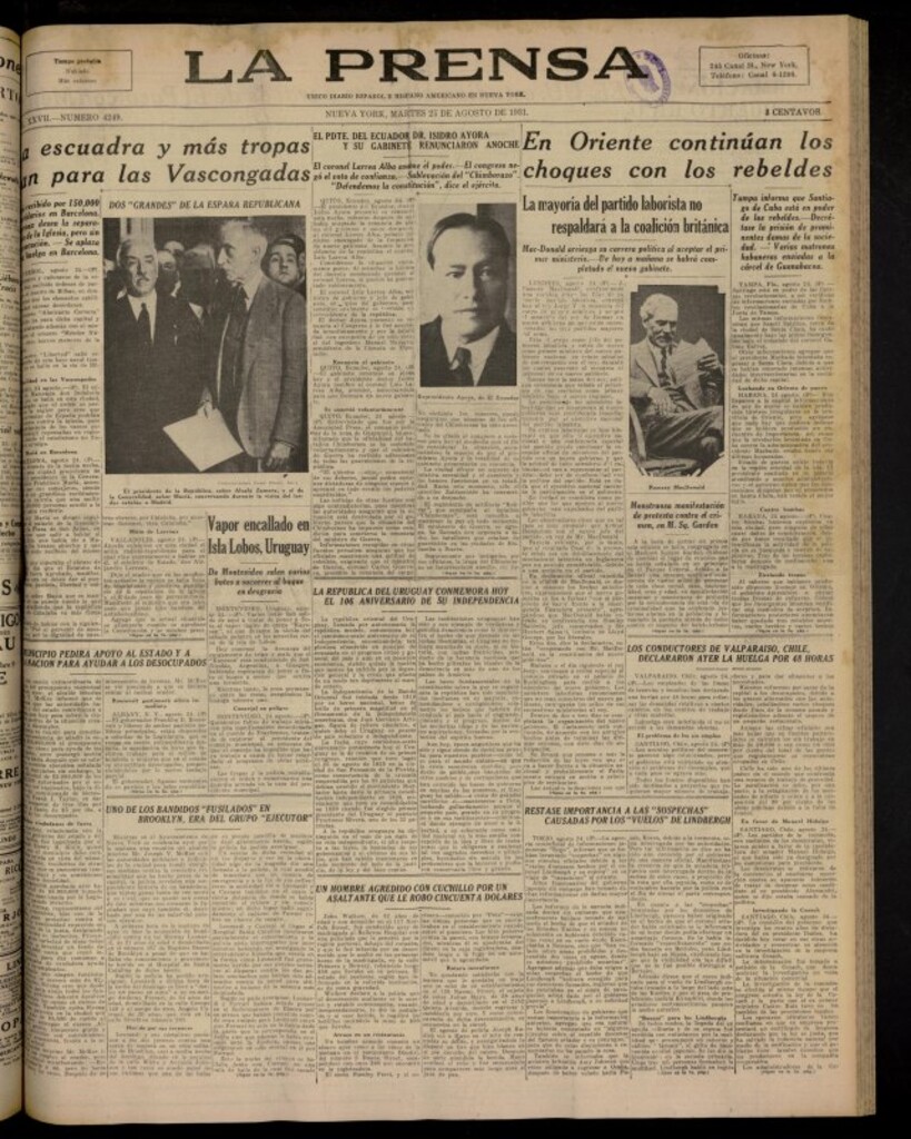 Miniatura de La Prensa: único diario español e hispano americano en Nueva York del 25 de agosto de 1931, nº 4249