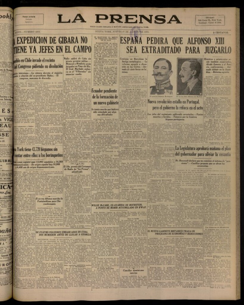 Miniatura de La Prensa: único diario español e hispano americano en Nueva York del 27 de agosto de 1931, nº 4251