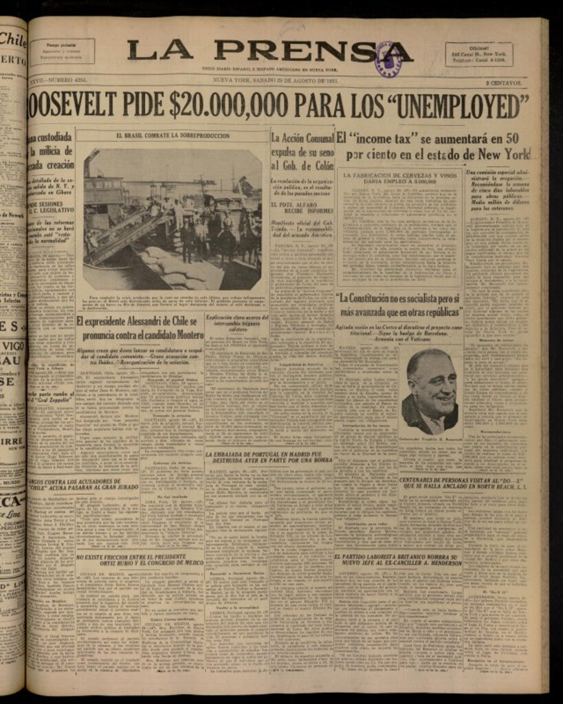 Miniatura de La Prensa: único diario español e hispano americano en Nueva Yor, de 29 de agosto de 1931, nº 4253