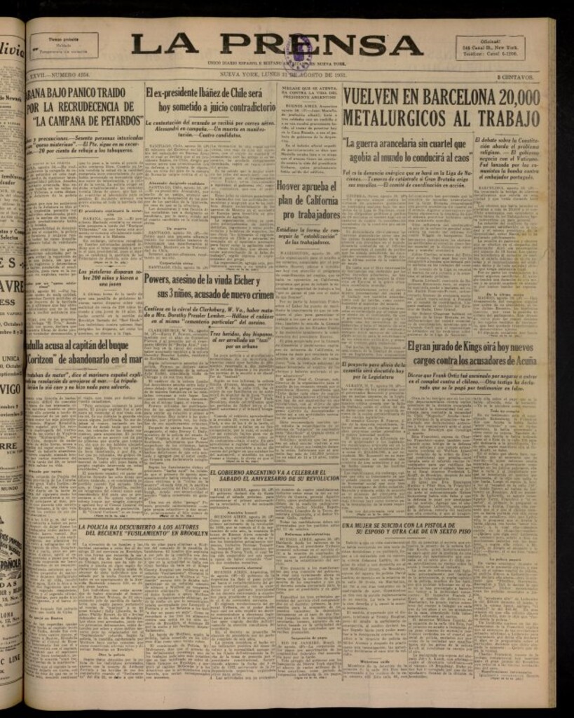Miniatura de La Prensa: único diario español e hispano americano en Nueva York del 31 de agosto de 1931, nº 4254