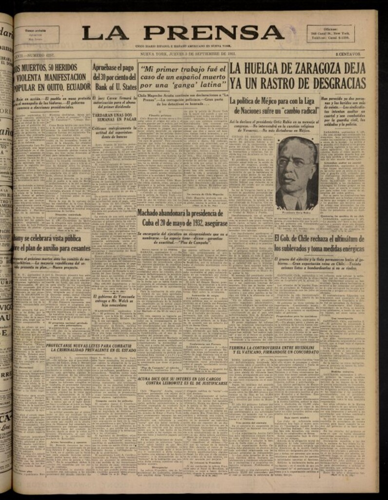Miniatura de La Prensa: único diario español e hispano americano en Nueva York del 3 de septiembre de 1931, nº 4257