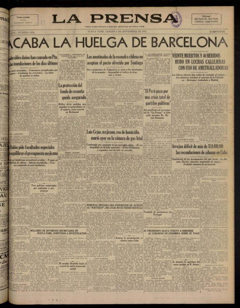 Miniatura de La Prensa: único diario español e hispano americano en Nueva York del 5 de septiembre de 1931, nº 4259