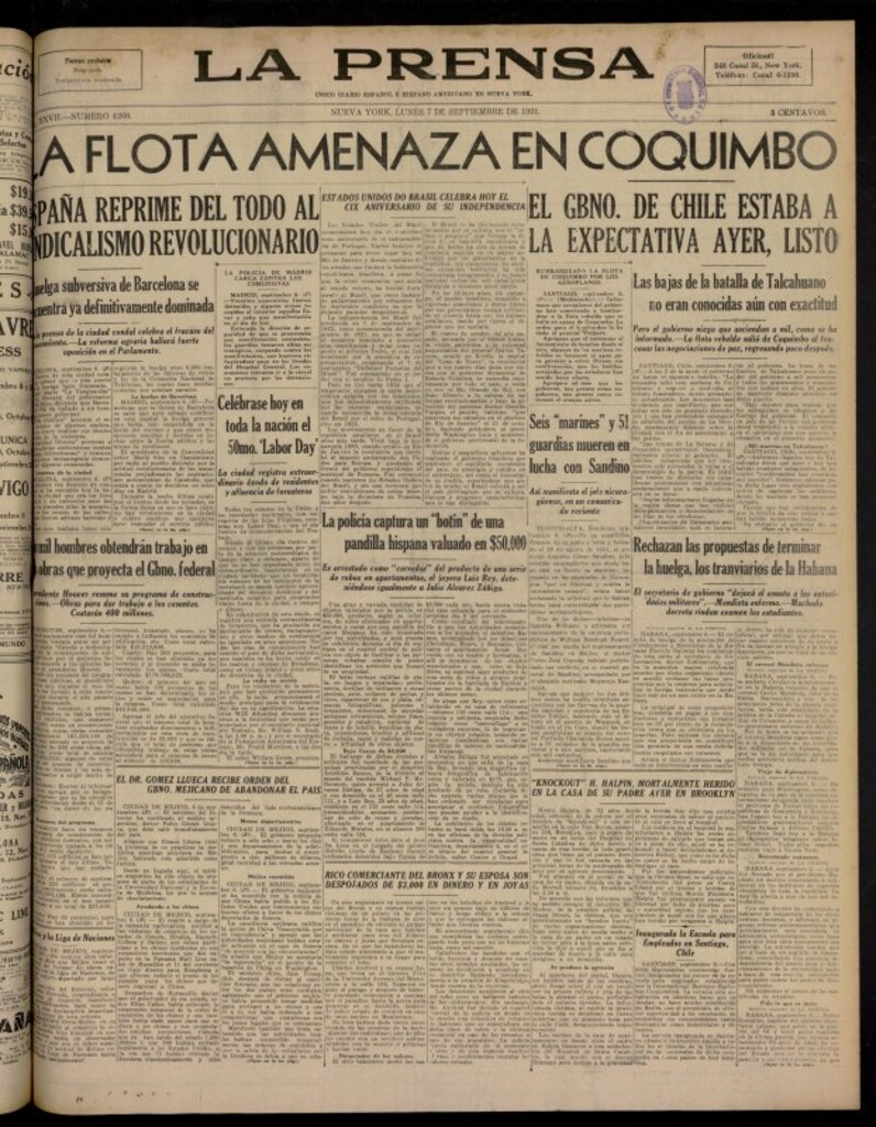 Miniatura de La Prensa: único diario español e hispano americano en Nueva York del 7 de septiembre de 1931, nº 4260