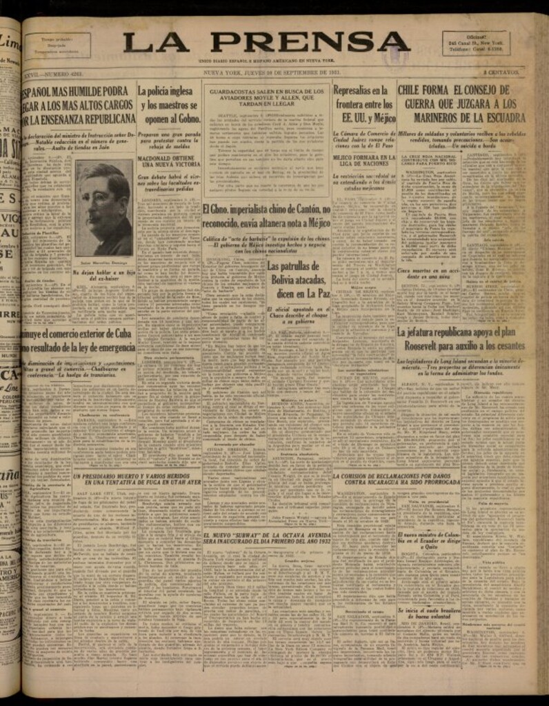 Miniatura de La Prensa: único diario español e hispano americano en Nueva York del 10 de septiembre de 1931, nº 4263