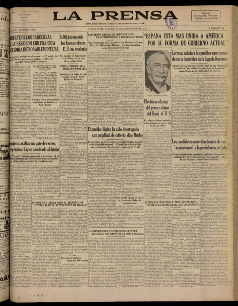 Miniatura de La Prensa: único diario español e hispano americano en Nueva York del 11 de septiembre de 1931, nº 4264