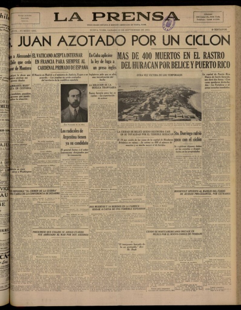 Miniatura de La Prensa: único diario español e hispano americano en Nueva York del 12 de septiembre de 1931, nº 4265