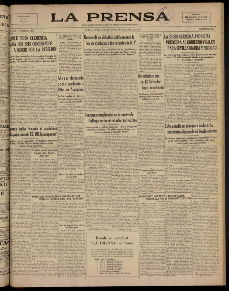 Miniatura de La Prensa: único diario español e hispano americano en Nueva York del 19 de septiembre de 1931, nº 4271