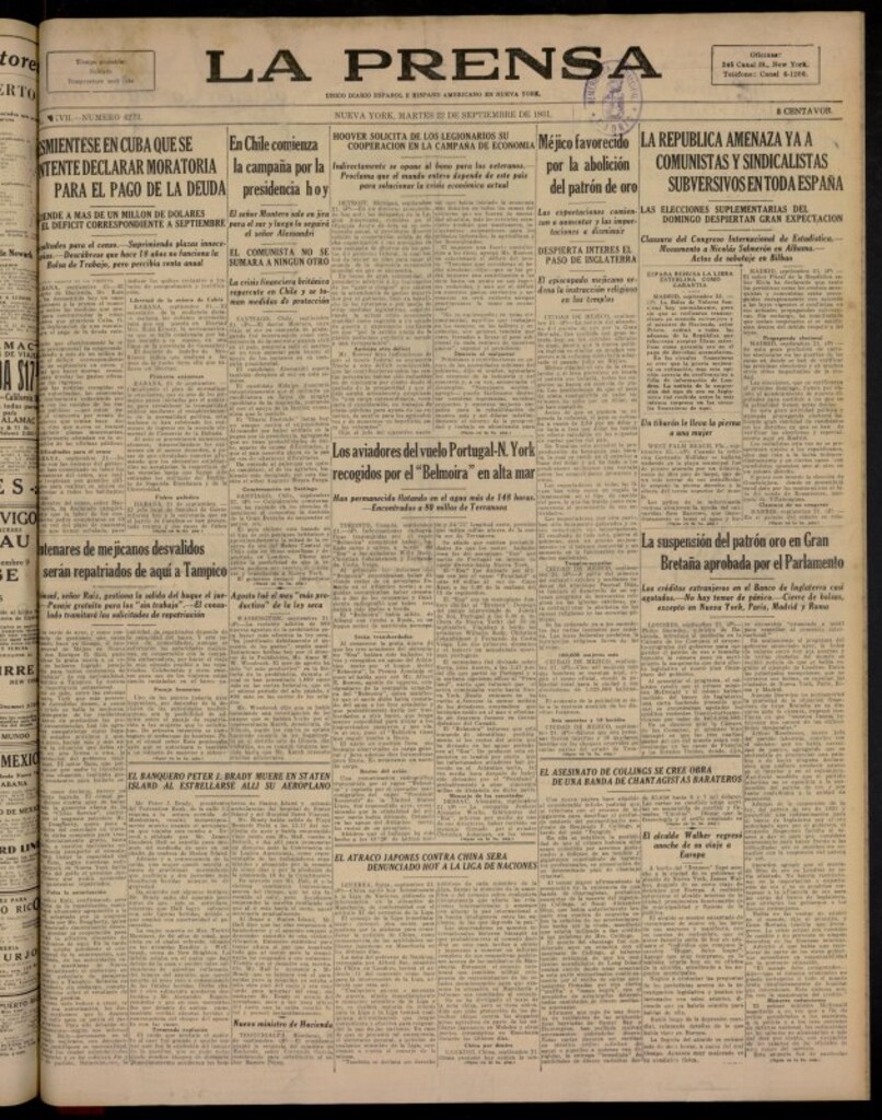 Miniatura de La Prensa: único diario español e hispano americano en Nueva York del 22 de septiembre de 1931, nº 4273