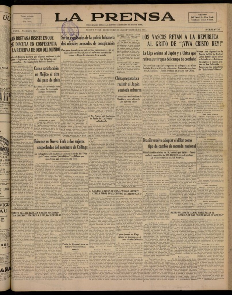 Miniatura de La Prensa: único diario español e hispano americano en Nueva York del 23 de septiembre de 1931, nº 4274