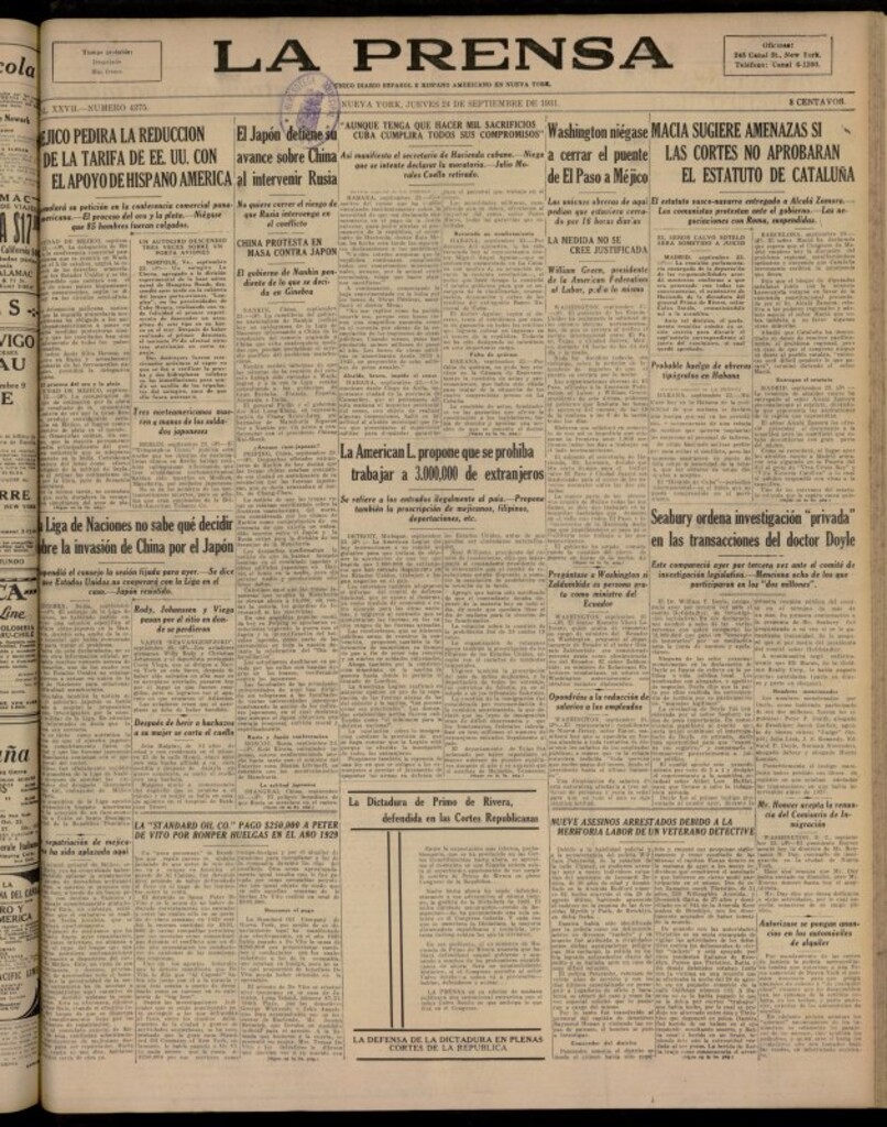 Miniatura de La Prensa: único diario español e hispano americano en Nueva York del 24 de septiembre de 1931, nº 4275