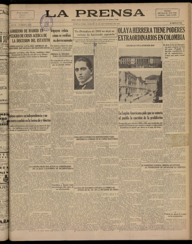 Miniatura de La Prensa: único diario español e hispano americano en Nueva York del 25 de septiembre de 1931, nº 4276