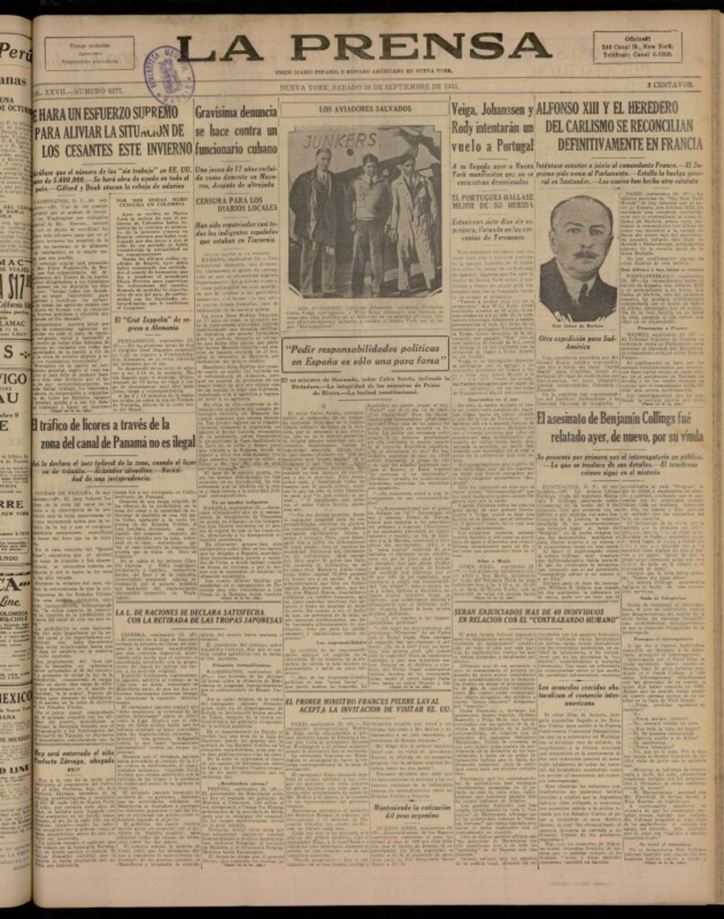 Miniatura de La Prensa: único diario español e hispano americano en Nueva York del 26 de septiembre de 1931, nº 4277