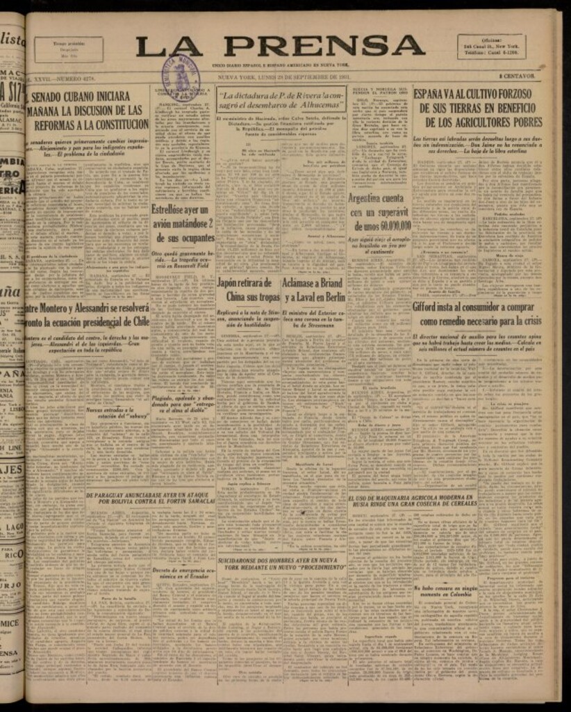 Miniatura de La Prensa: único diario español e hispano americano en Nueva York del 28 de septiembre de 1931, nº 4278