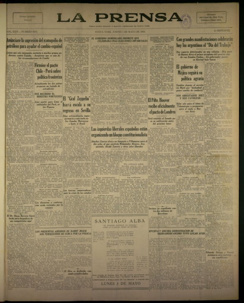 Miniatura de La Prensa: único diario español e hispano americano en Nueva York del 1 de mayo de 1930, nº 3837