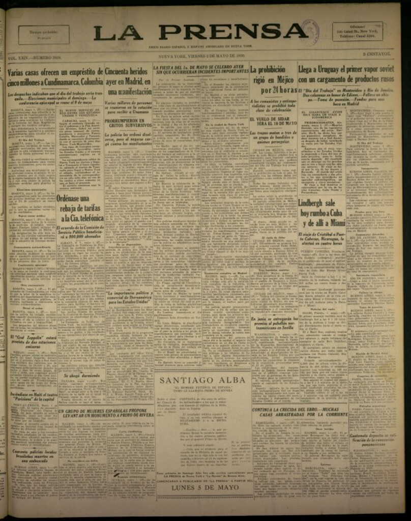 Miniatura de La Prensa: único diario español e hispano americano en Nueva York del 2 de mayo de 1930, nº 3838