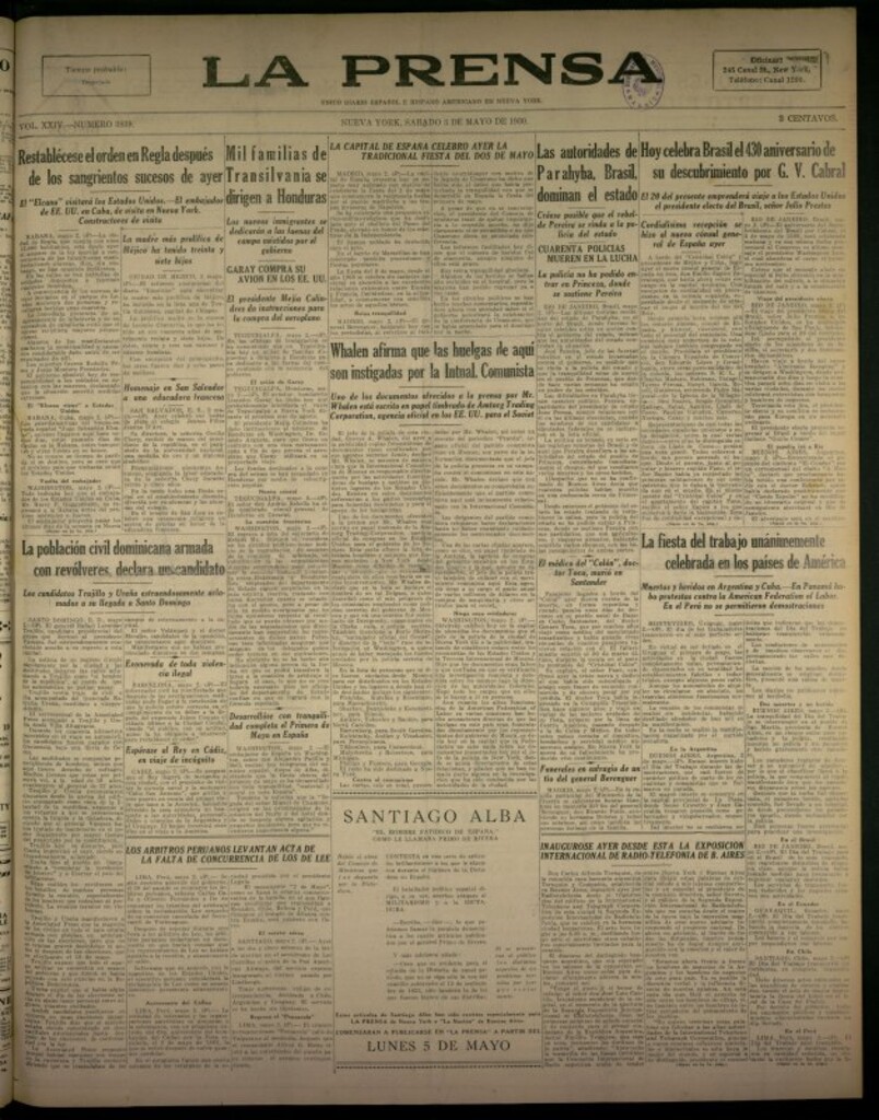 Miniatura de La Prensa: único diario español e hispano americano en Nueva York del 3 de mayo de 1930, nº 3839