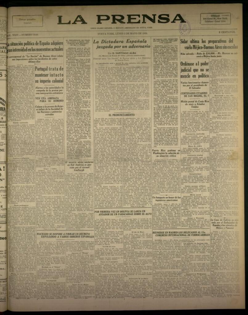 Miniatura de La Prensa: único diario español e hispano americano en Nueva York del 5 de mayo de 1930, nº 3840