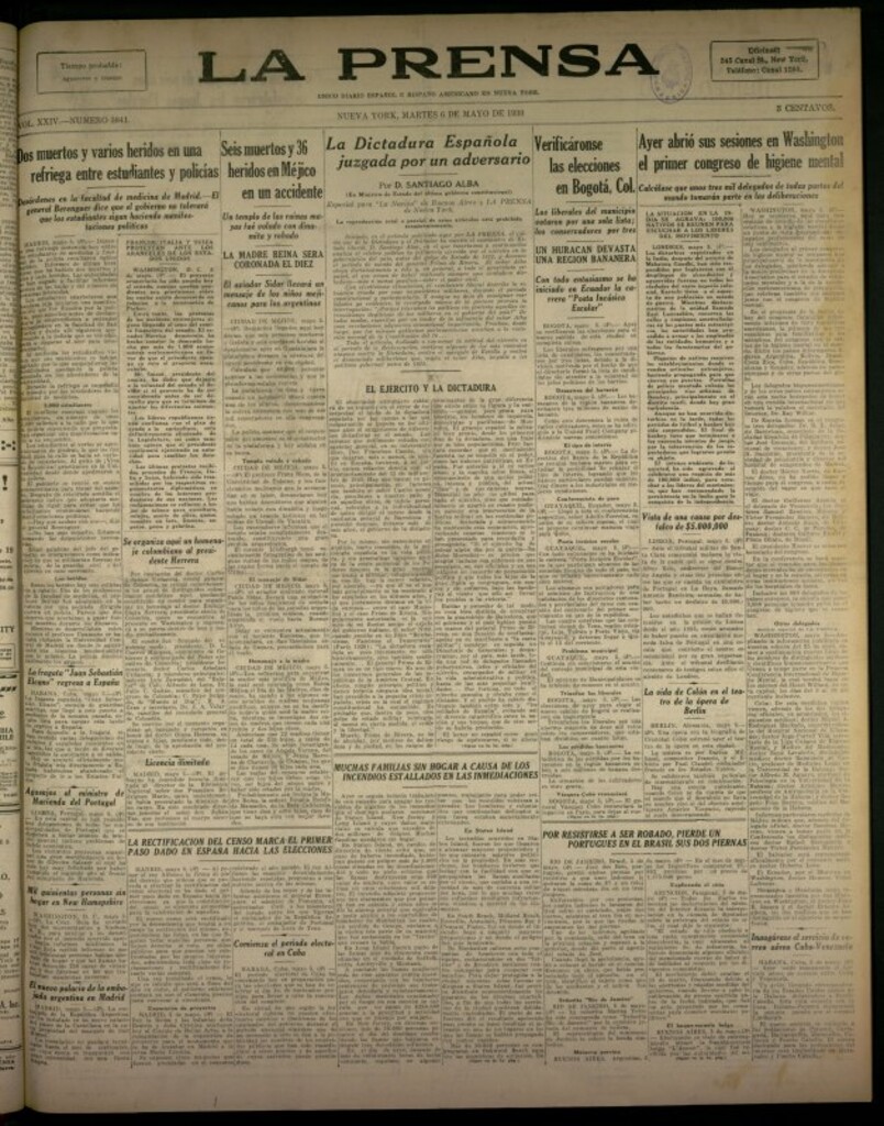 Miniatura de La Prensa: único diario español e hispano americano en Nueva York del 6 de mayo de 1930, nº 3841