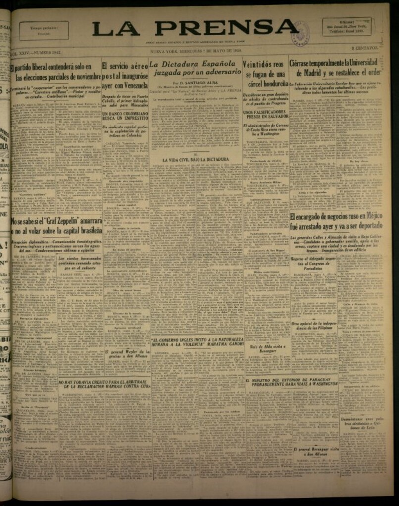 Miniatura de La Prensa: único diario español e hispano americano en Nueva York del 7 de mayo de 1930, nº 3842