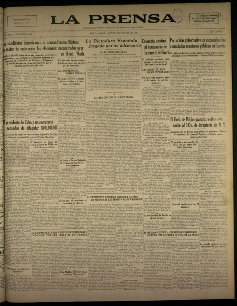 Miniatura de La Prensa: único diario español e hispano americano en Nueva York del 8 de mayo de 1930, nº 3843
