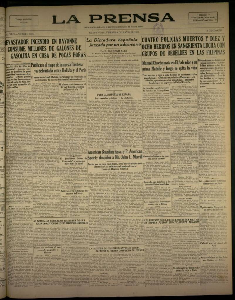 Miniatura de La Prensa: único diario español e hispano americano en Nueva York del 9 de mayo de 1930, nº 3844