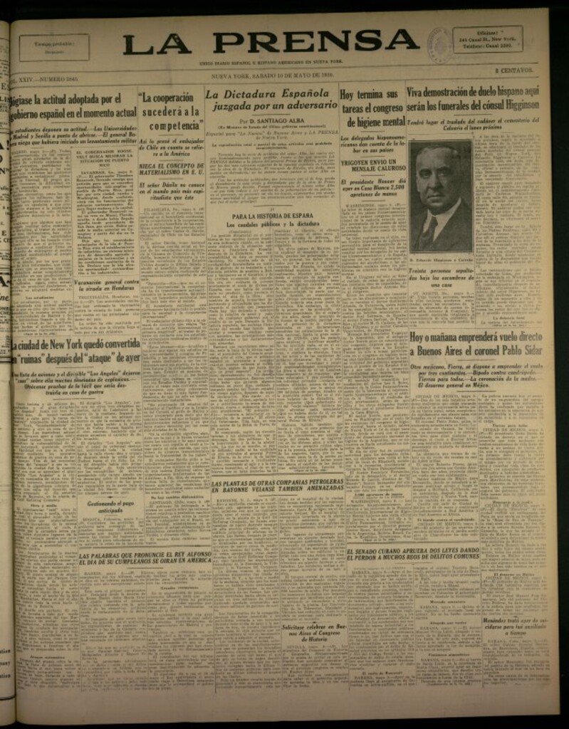 Miniatura de La Prensa: único diario español e hispano americano en Nueva York del 10 de mayo de 1930, nº 3845