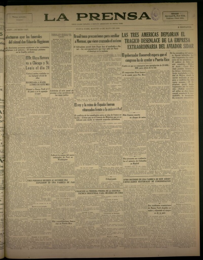 Miniatura de La Prensa: único diario español e hispano americano en Nueva York del 13 de mayo de 1930, nº 3847