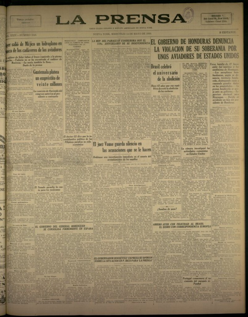 Miniatura de La Prensa: único diario español e hispano americano en Nueva York del 14 de mayo de 1930, nº 3848