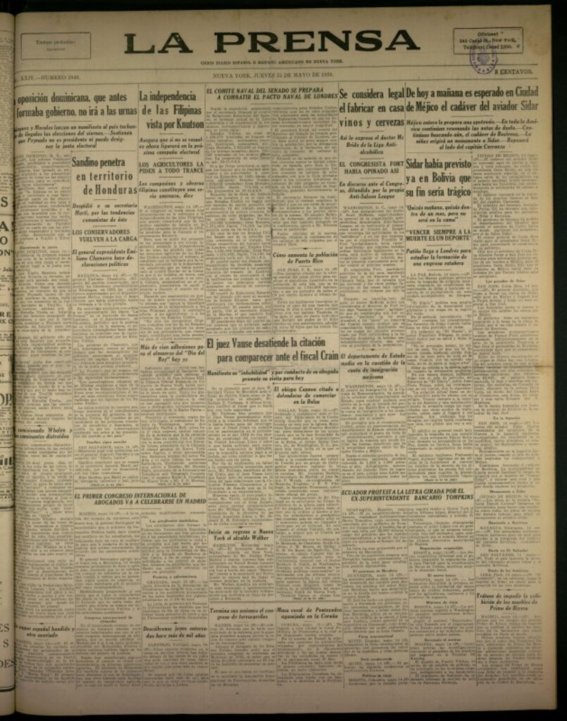 Miniatura de La Prensa: único diario español e hispano americano en Nueva York del 15 de mayo de 1930, nº 3849